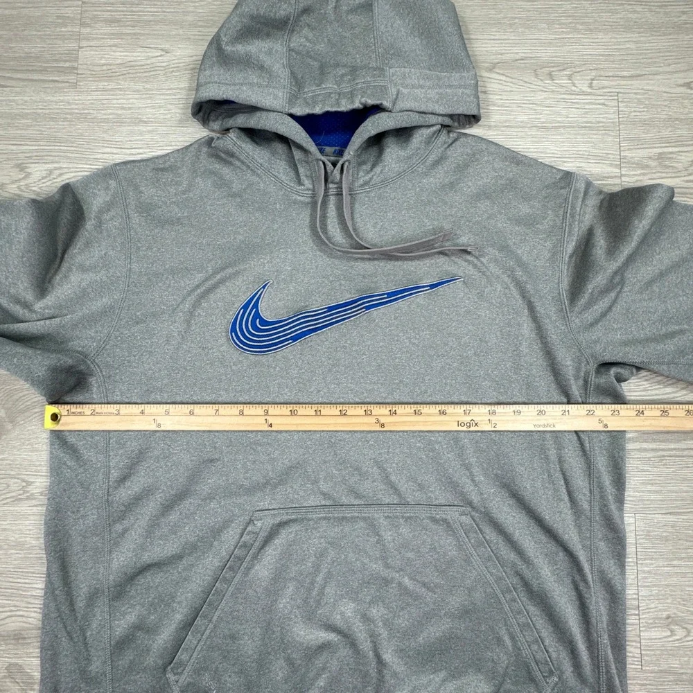 Nike Mens Hoodie Therma-FIT Pullover Gray Blue Large Swoosh Graphic Sweatshirt